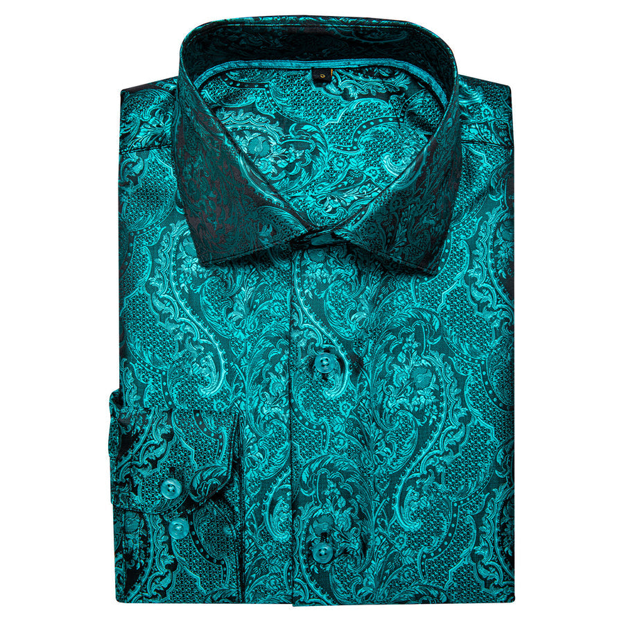 Dark Cyan Floral Silk Dress Shirt shirt    - Sophisticated Gentlemen