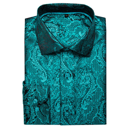 Dark Cyan Floral Silk Dress Shirt shirt    - Sophisticated Gentlemen