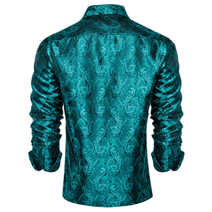 Dark Cyan Floral Silk Dress Shirt shirt    - Sophisticated Gentlemen