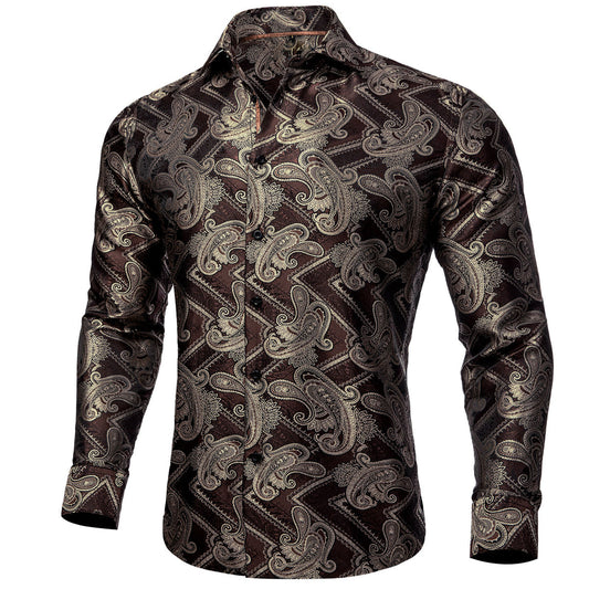 Burgundy and Brown Paisley Silk Shirt shirt S   - Sophisticated Gentlemen
