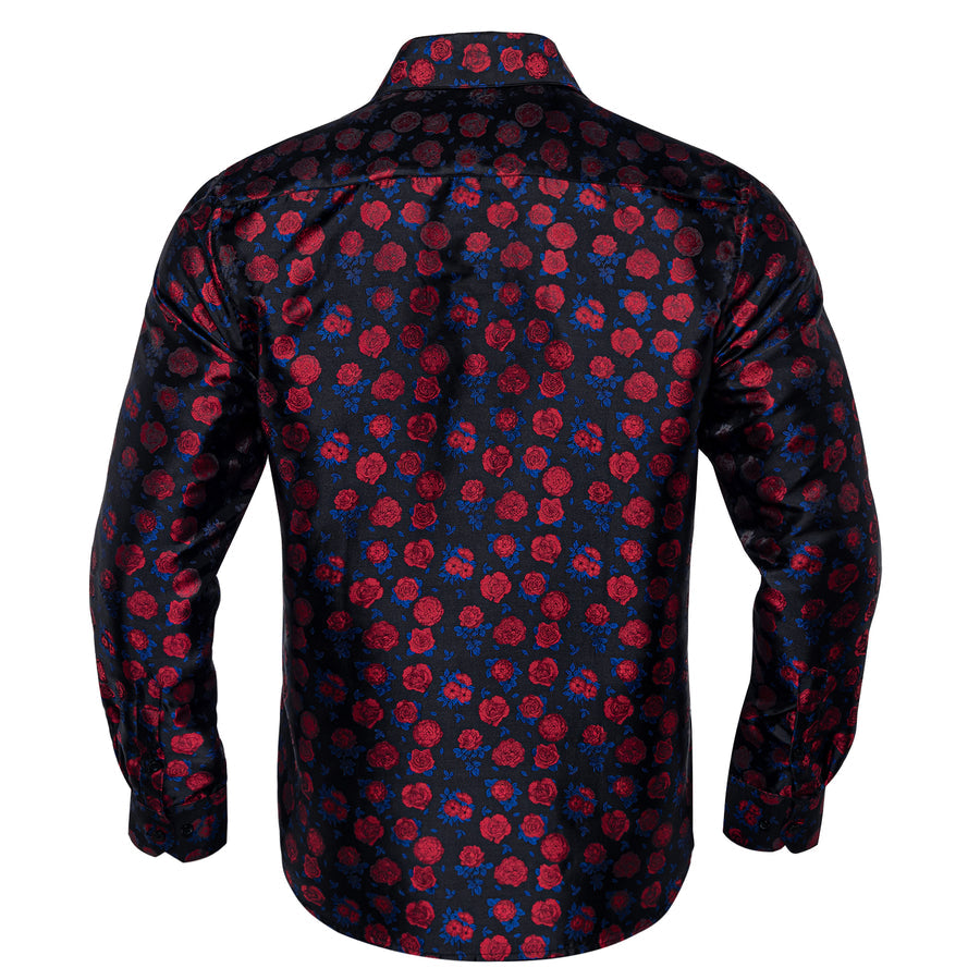 Black Red Rose Floral Silk Dress Shirt shirt S   - Sophisticated Gentlemen