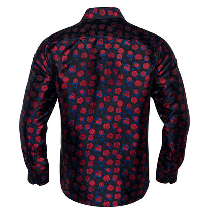 Black Red Rose Floral Silk Dress Shirt shirt S   - Sophisticated Gentlemen