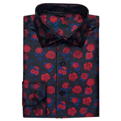 Black Red Rose Floral Silk Dress Shirt shirt    - Sophisticated Gentlemen