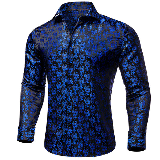 Black Blue Rose Floral Silk Dress Shirt shirt S   - Sophisticated Gentlemen