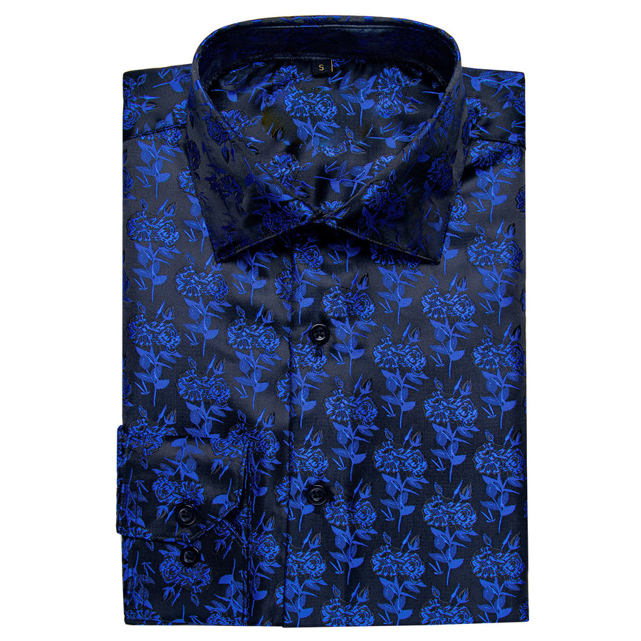Black Blue Rose Floral Silk Dress Shirt shirt    - Sophisticated Gentlemen