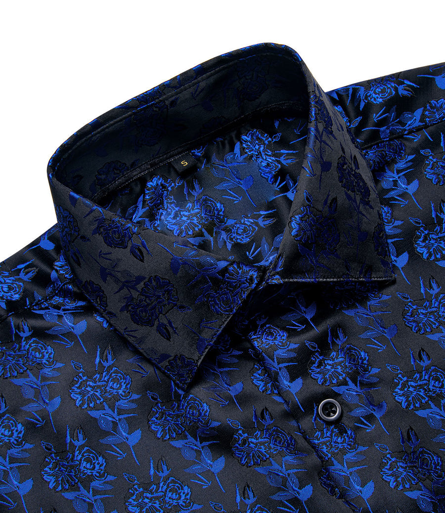 Black Blue Rose Floral Silk Dress Shirt shirt    - Sophisticated Gentlemen