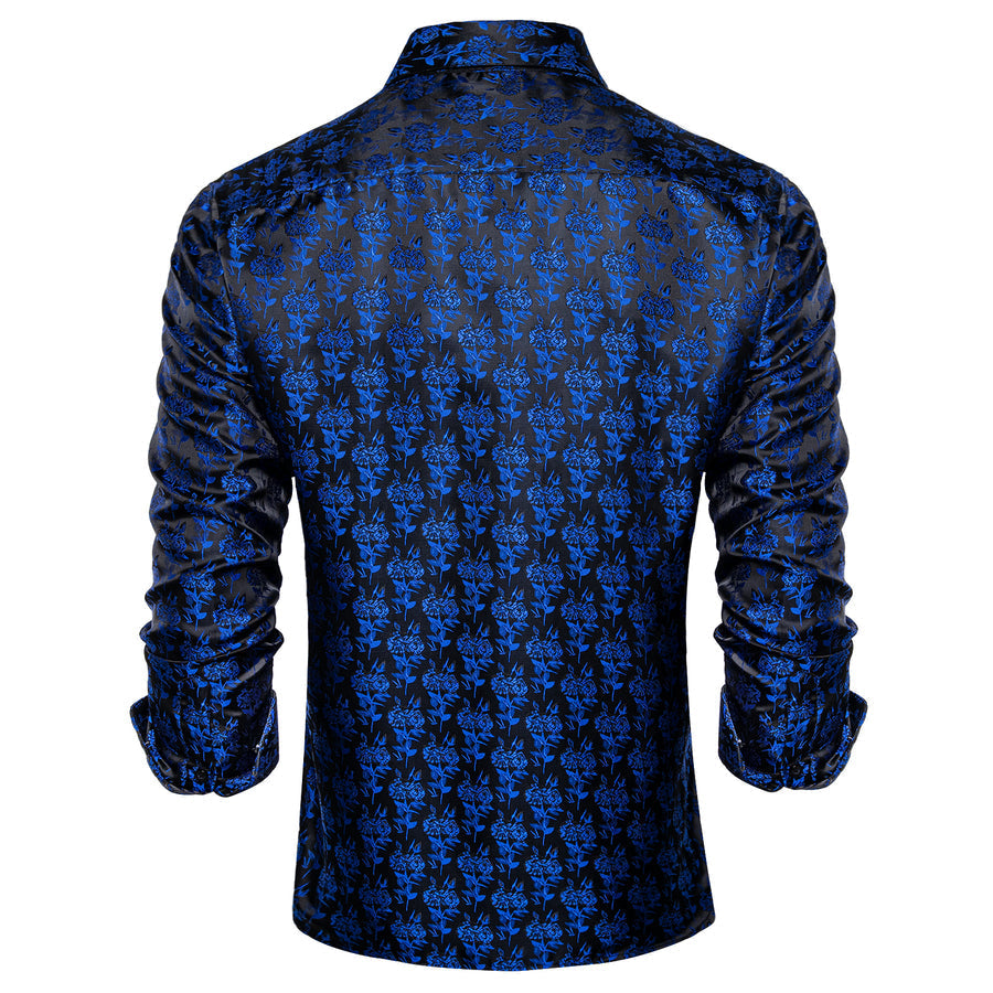 Black Blue Rose Floral Silk Dress Shirt shirt    - Sophisticated Gentlemen
