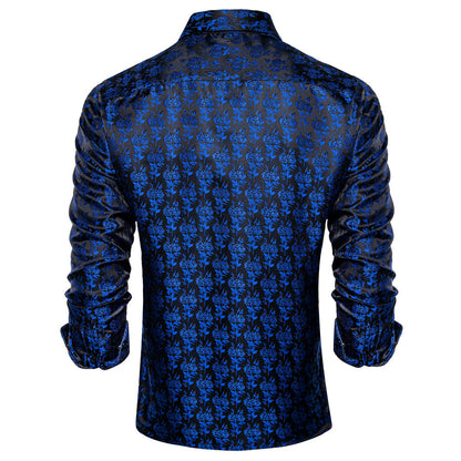 Black Blue Rose Floral Silk Dress Shirt shirt    - Sophisticated Gentlemen