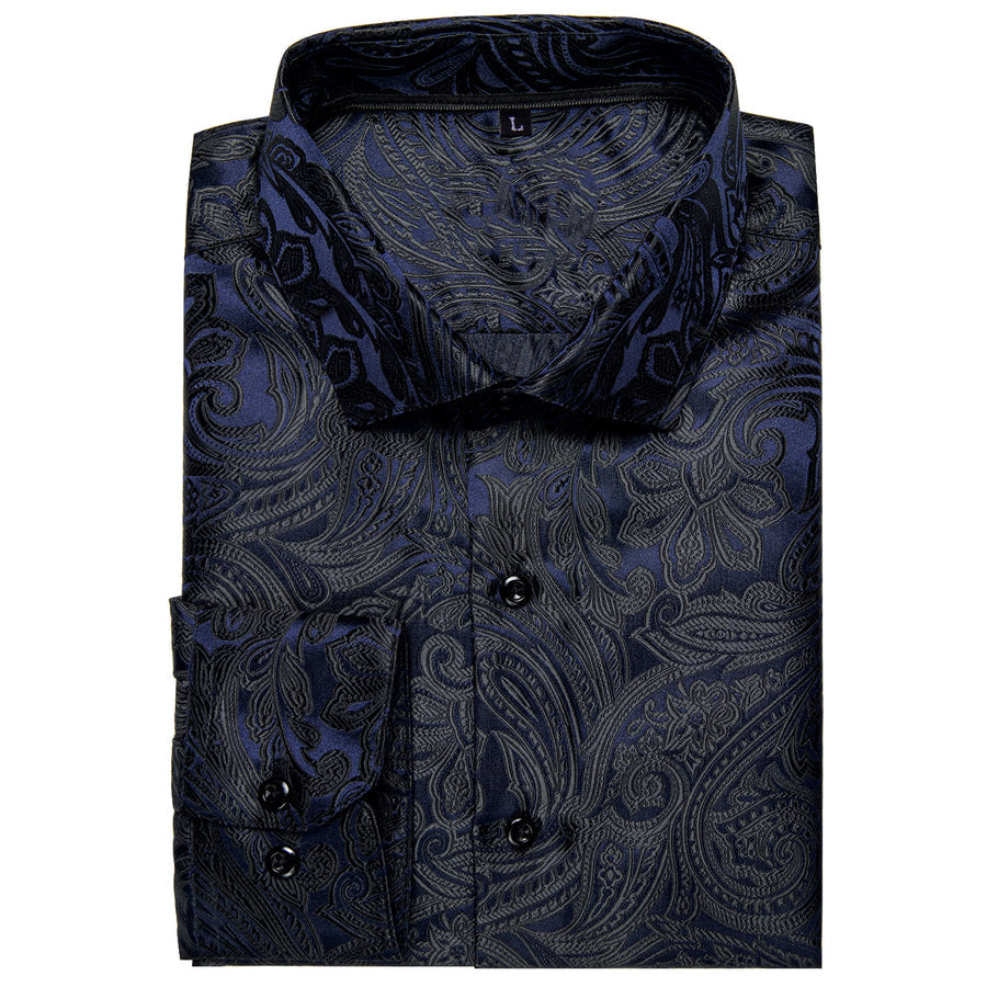 Dark Blue Paisley Silk Dress Shirt shirt    - Sophisticated Gentlemen