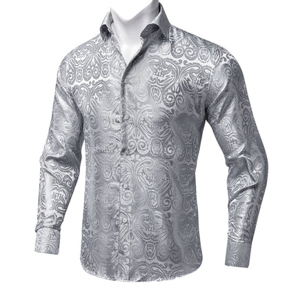 Silver White Floral Silk Dress Shirt shirt S   - Sophisticated Gentlemen