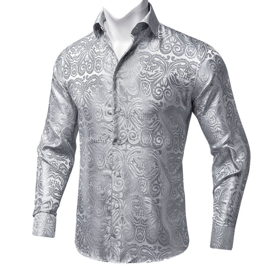 Silver White Floral Silk Dress Shirt shirt S   - Sophisticated Gentlemen