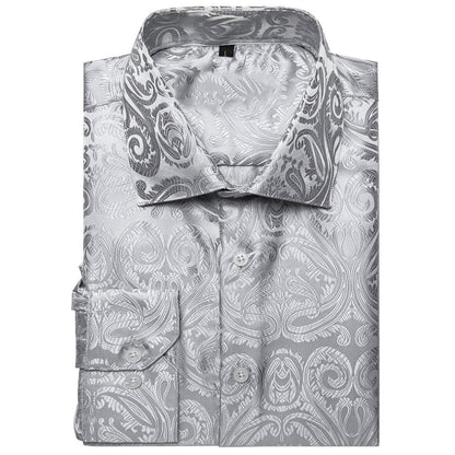 Silver White Floral Silk Dress Shirt shirt    - Sophisticated Gentlemen