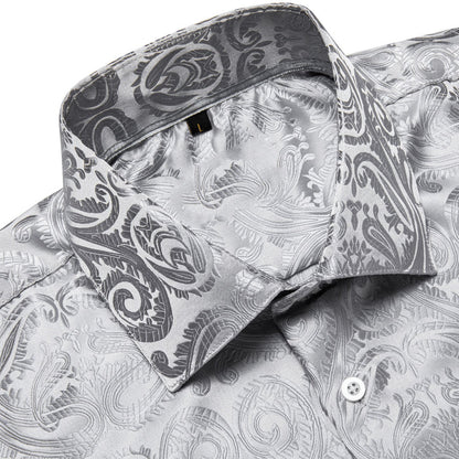 Silver White Floral Silk Dress Shirt shirt    - Sophisticated Gentlemen
