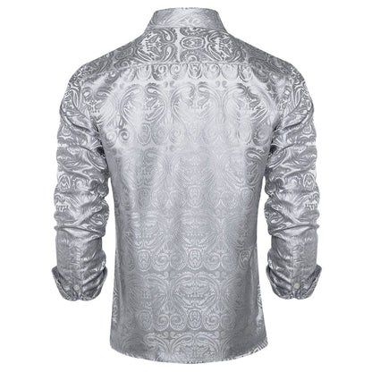 Silver White Floral Silk Dress Shirt shirt    - Sophisticated Gentlemen