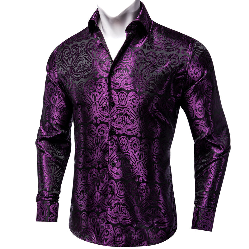 Black Purple Floral Silk Dress Shirt shirt S   - Sophisticated Gentlemen