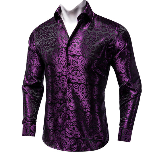 Black Purple Floral Silk Dress Shirt shirt S   - Sophisticated Gentlemen