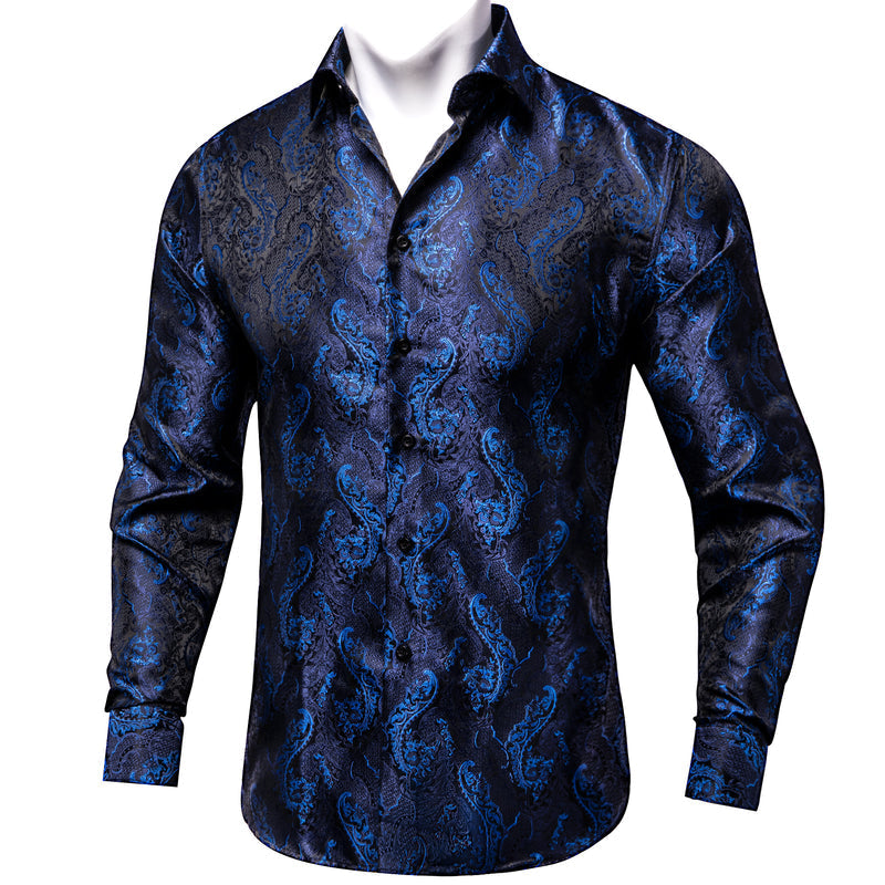 Dark Blue Paisley Silk Dress Shirt shirt S   - Sophisticated Gentlemen