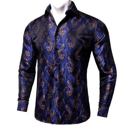 Dark Blue Brown Paisley Silk Dress Shirt shirt S   - Sophisticated Gentlemen