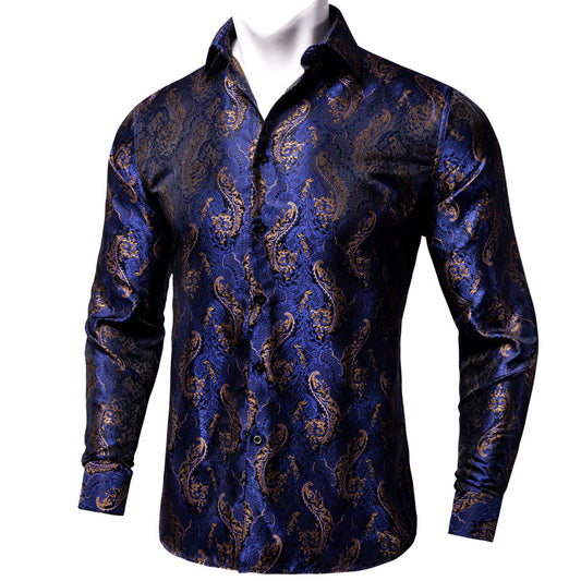 Dark Blue Brown Paisley Silk Dress Shirt shirt S   - Sophisticated Gentlemen