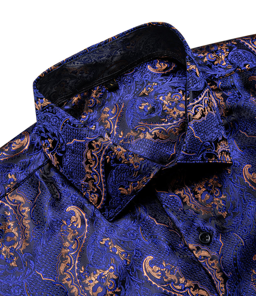 Dark Blue Brown Paisley Silk Dress Shirt shirt    - Sophisticated Gentlemen