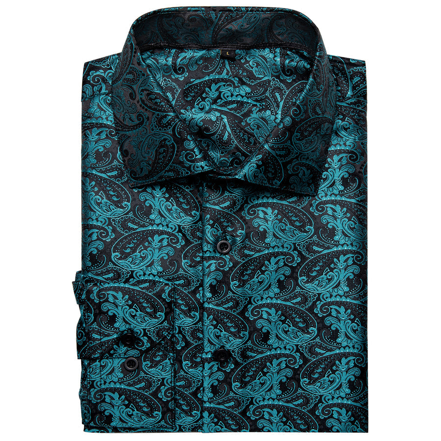 Black Teal Blue Paisley Silk Dress Shirt shirt    - Sophisticated Gentlemen