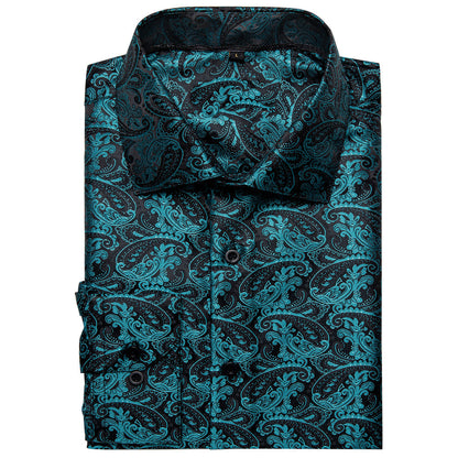 Black Teal Blue Paisley Silk Dress Shirt shirt    - Sophisticated Gentlemen