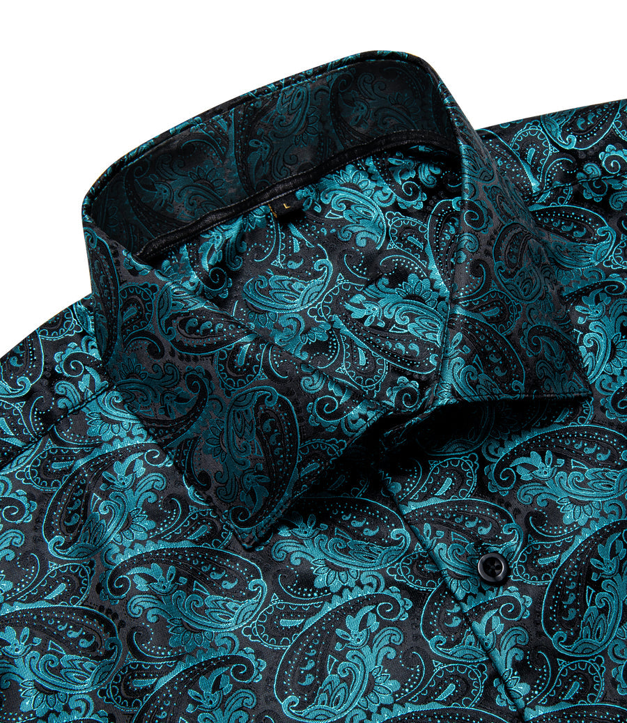 Black Teal Blue Paisley Silk Dress Shirt shirt    - Sophisticated Gentlemen