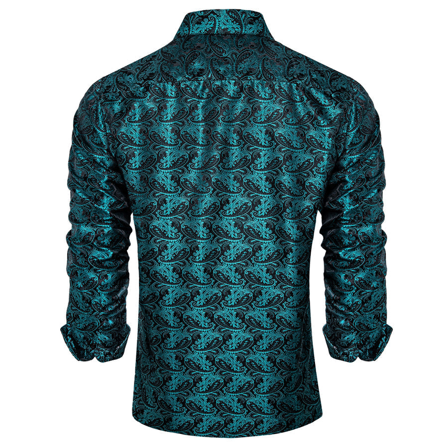 Black Teal Blue Paisley Silk Dress Shirt shirt    - Sophisticated Gentlemen
