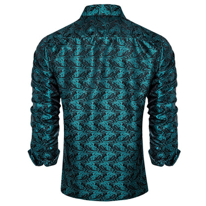 Black Teal Blue Paisley Silk Dress Shirt shirt    - Sophisticated Gentlemen