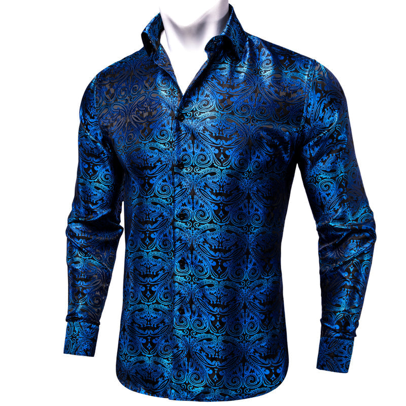 Black Gradient Blue Paisley Silk Dress Shirt shirt S   - Sophisticated Gentlemen