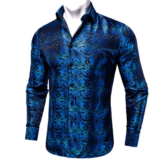 Black Gradient Blue Paisley Silk Dress Shirt shirt S   - Sophisticated Gentlemen