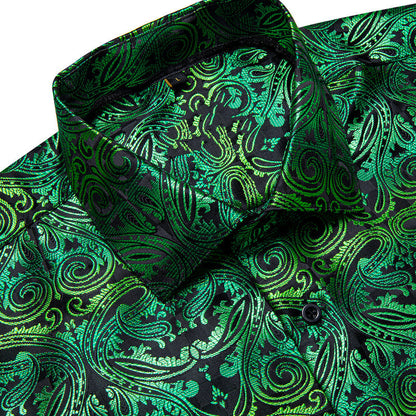 Black Gradient Green Paisley Silk Dress Shirt shirt    - Sophisticated Gentlemen