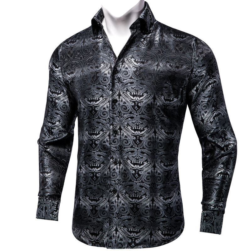 Black Gradient Gray Paisley Silk Dress Shirt shirt S   - Sophisticated Gentlemen