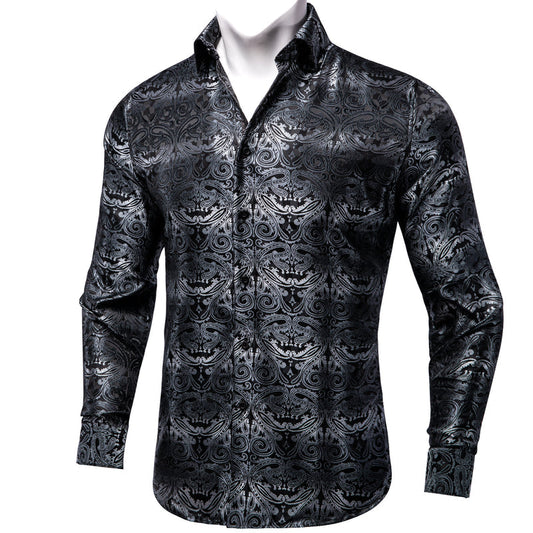 Black Gradient Gray Paisley Silk Dress Shirt shirt S   - Sophisticated Gentlemen