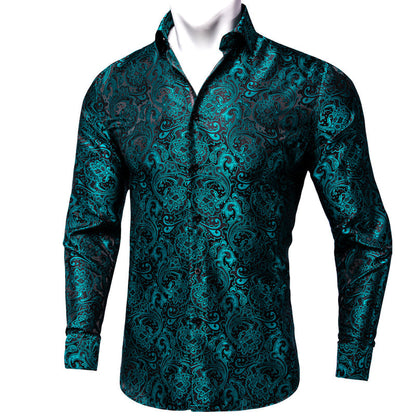 Black Teal Blue Floral Silk Dress Shirt shirt S   - Sophisticated Gentlemen