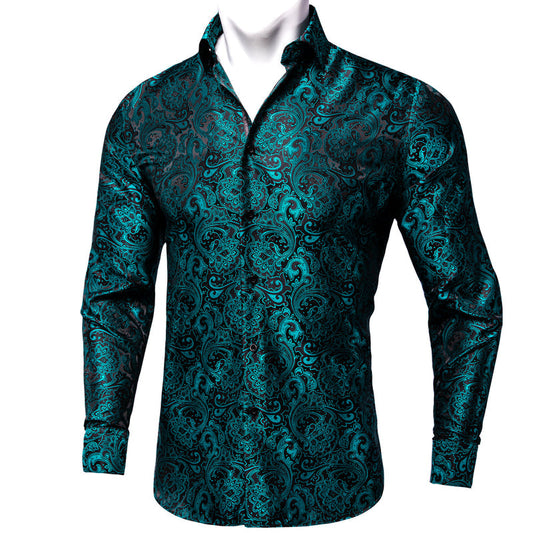 Black Teal Blue Floral Silk Dress Shirt shirt S   - Sophisticated Gentlemen