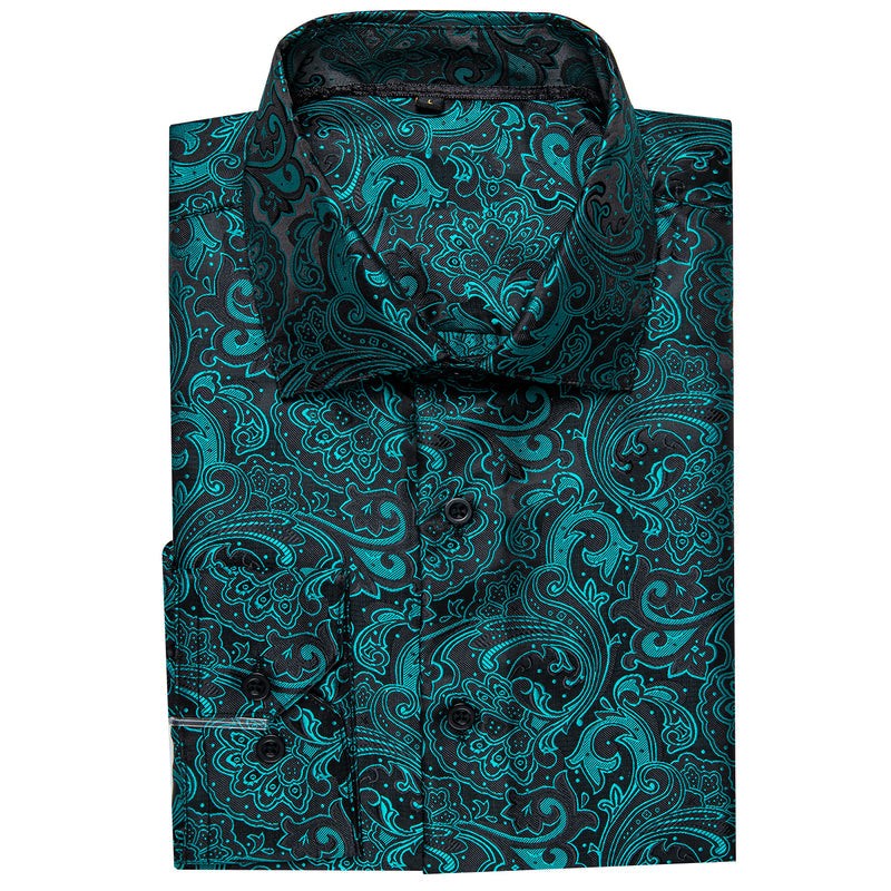 Black Teal Blue Floral Silk Dress Shirt shirt    - Sophisticated Gentlemen