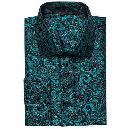 Black Teal Blue Floral Silk Dress Shirt shirt    - Sophisticated Gentlemen