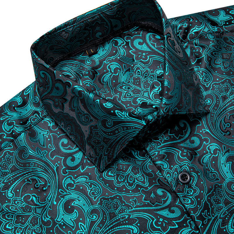 Black Teal Blue Floral Silk Dress Shirt shirt    - Sophisticated Gentlemen