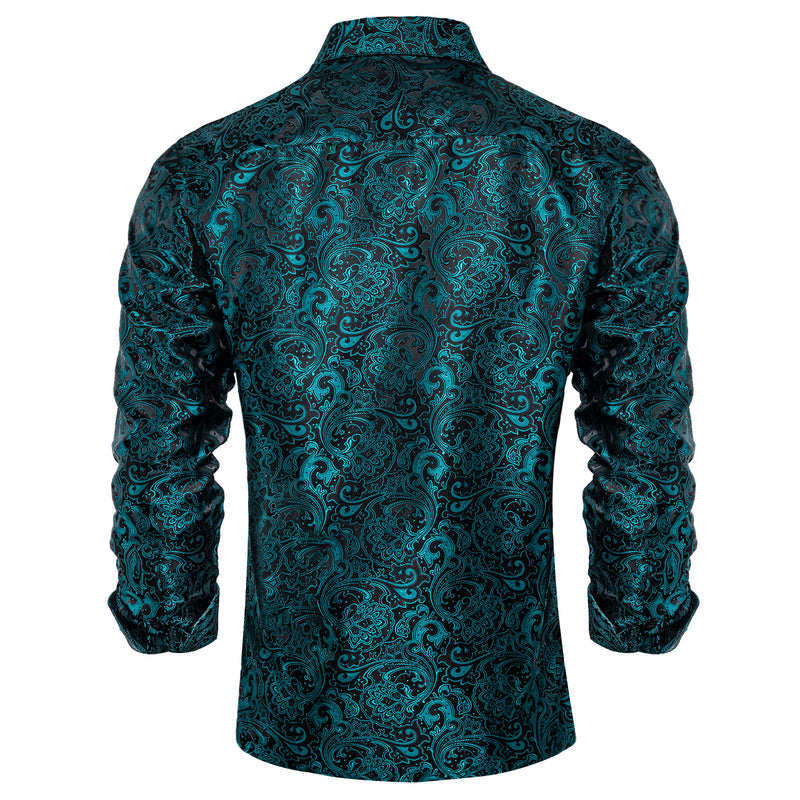 Black Teal Blue Floral Silk Dress Shirt shirt    - Sophisticated Gentlemen