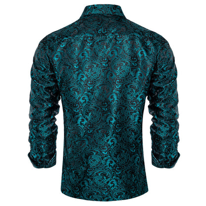 Black Teal Blue Floral Silk Dress Shirt shirt    - Sophisticated Gentlemen