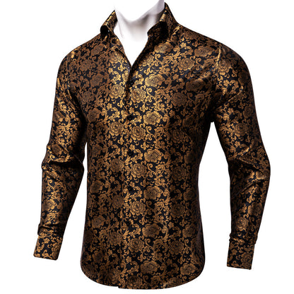 Golden Brown Floral Silk Dress Shirt shirt S   - Sophisticated Gentlemen