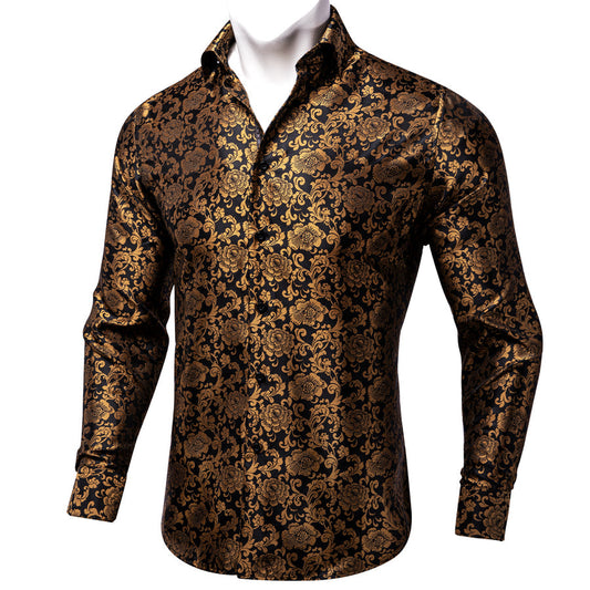 Golden Brown Floral Silk Dress Shirt shirt S   - Sophisticated Gentlemen