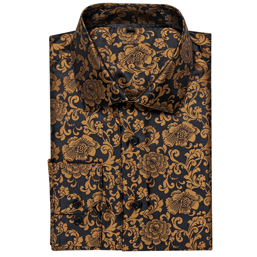 Golden Brown Floral Silk Dress Shirt shirt    - Sophisticated Gentlemen