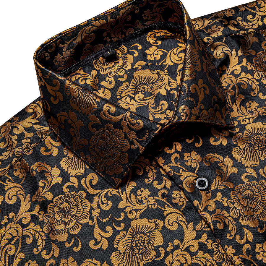 Golden Brown Floral Silk Dress Shirt shirt    - Sophisticated Gentlemen