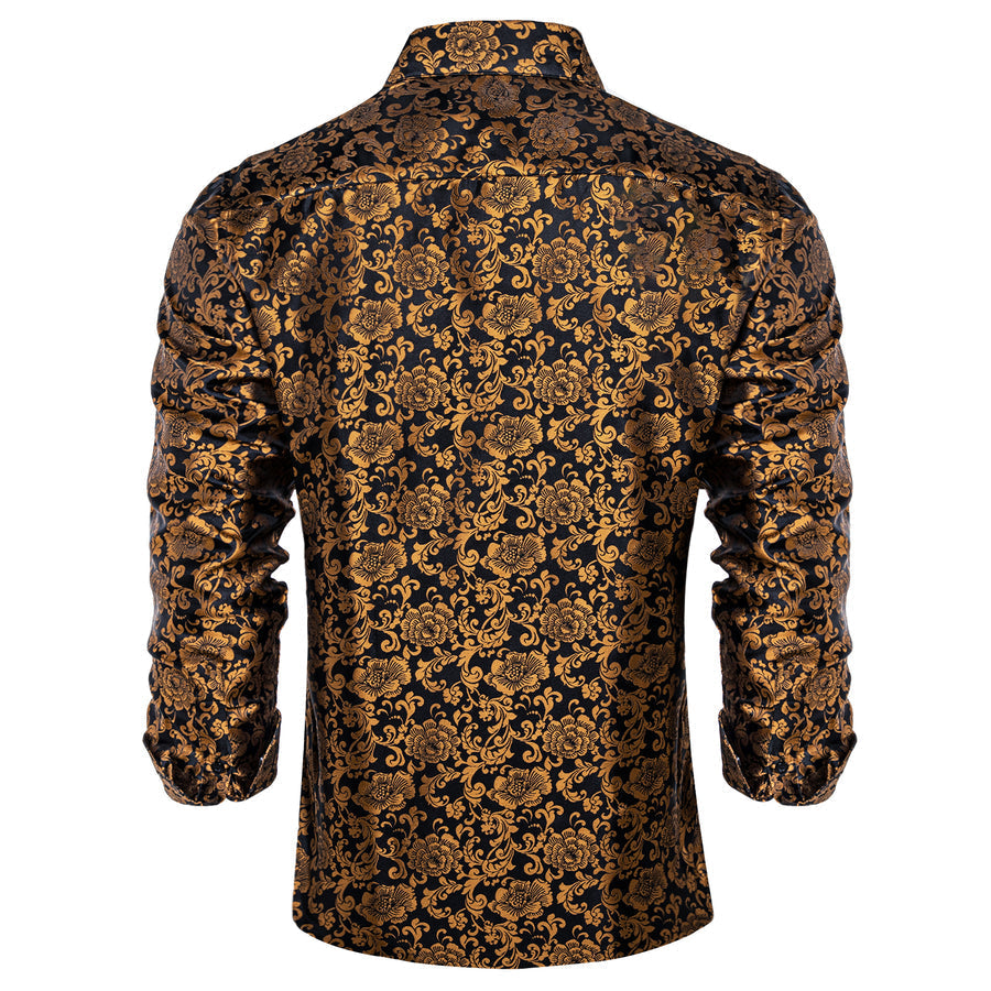 Golden Brown Floral Silk Dress Shirt shirt    - Sophisticated Gentlemen