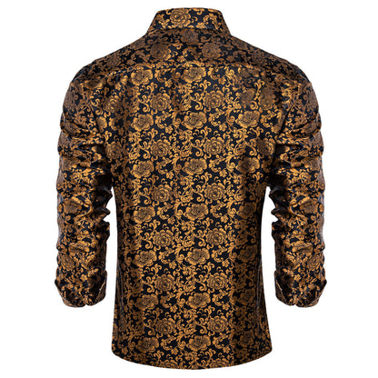 Golden Brown Floral Silk Dress Shirt shirt    - Sophisticated Gentlemen