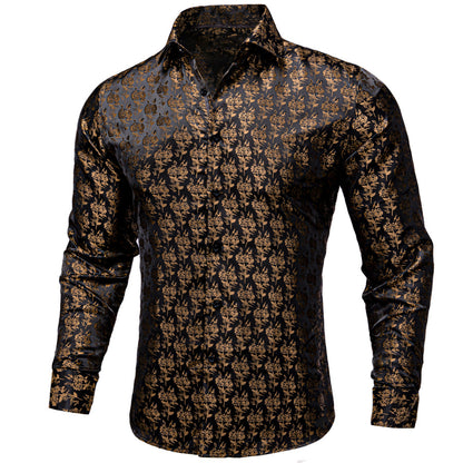 Black Brown Floral Pattern Silk Dress Shirt shirt S   - Sophisticated Gentlemen