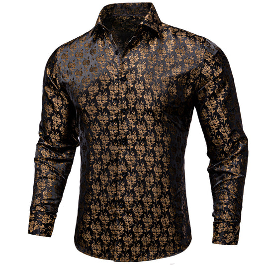 Black Brown Floral Pattern Silk Dress Shirt shirt S   - Sophisticated Gentlemen
