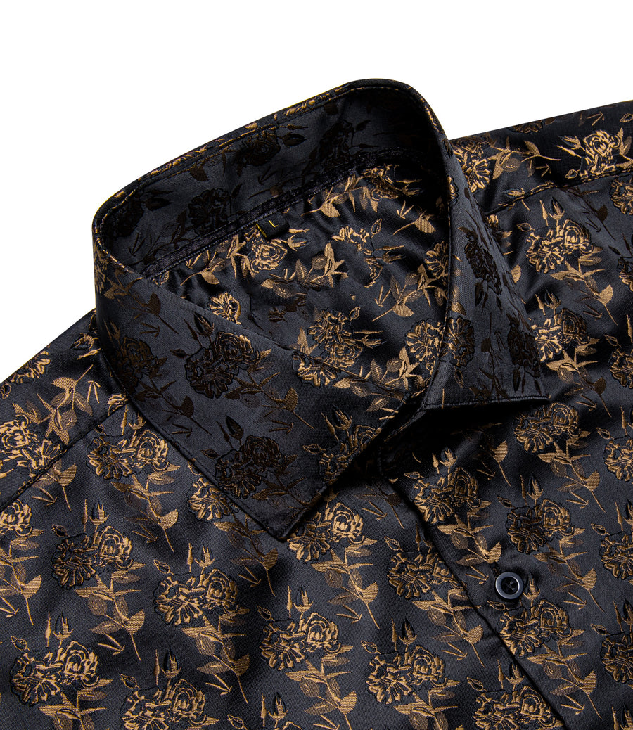 Black Brown Floral Pattern Silk Dress Shirt shirt    - Sophisticated Gentlemen